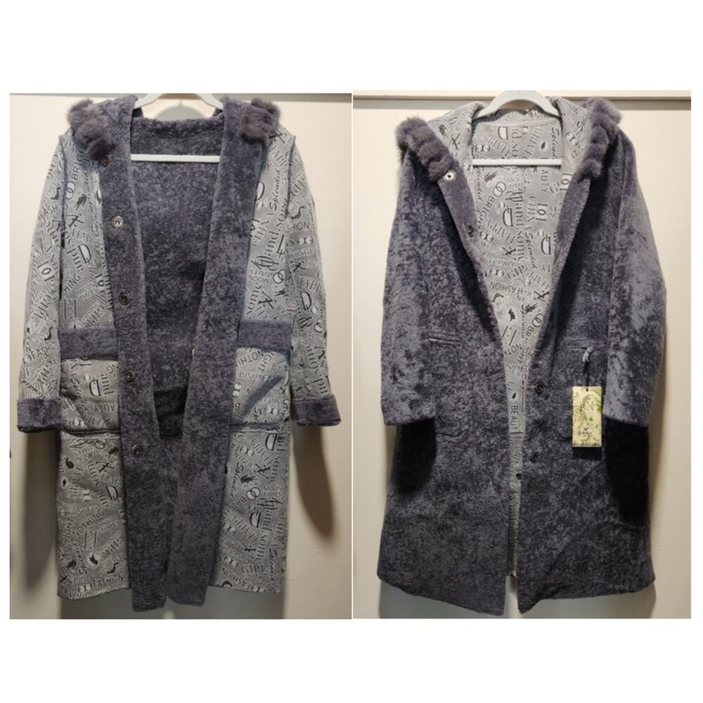 NWT Genuine mink fur trim leather and shearling reversible hooded long coat